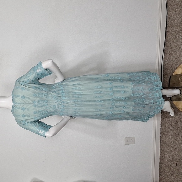 Mint Green Lace Overlay Coquette Cottagecore Embroidered Fairy Midi Dress Size M - Picture 8 of 13
